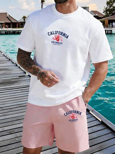 Manfinity RSRT Conjunto de camiseta y pantalones cortos con estampado floral casual para hombres, ideal para vacaciones de verano