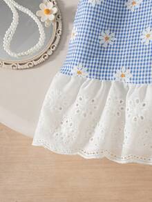Elladie kids Đầm không tay xếp ly họa tiết hoa cúc kẻ caro cho bé gái, viền thêu, dáng rộng, ngọt ngào và thoải mái, thích hợp cho mùa hè, đi biển, nghỉ mát. - Màu xanh lam - Xem 9
