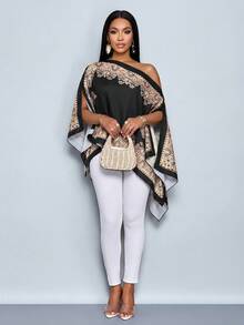 SOLERSUN Khăn choàng lệch vai dành cho nữ, vạt không đối xứng, họa tiết Paisley, phong cách đảo, thích hợp cho lễ hội âm nhạc, áo sơ mi mùa xuân/hè. - màu đen - Xem 3