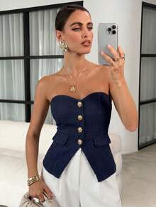 Lavishia 女士优雅前扣抹胸上衣，夏季 - 黑色 - 查看 8