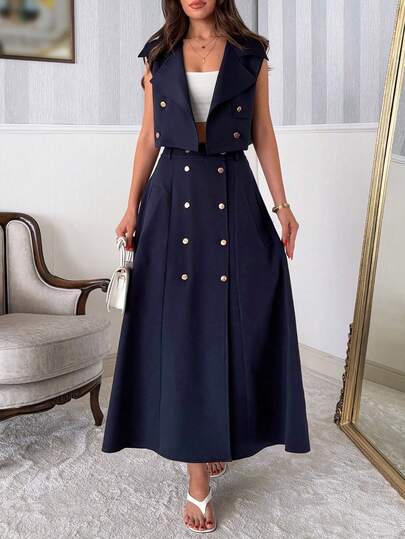 EURMUSE Navy Double‑Breasted Sleeveless Gold Button Cropped Vest And Longline A‑Line Skirts Sets, Elegant Office Workwear, Business Casual To Evening Gown, Wedding‑Guest & Date‑Night Outfit Navy Blue Elegant Set Button Vest Skirt Set Vest Suit Set Double Breasted Vest Long Skirt Navy Blue Skirt Suit Button Detail Matching Set Vest Top And Maxi Skirt Elegant Two Piece Outfit Double-Breasted Detail Navy Blue Elegant Dress Button Dress Vest Dress French Style Dress Captains Dinner Dress Suit Dress