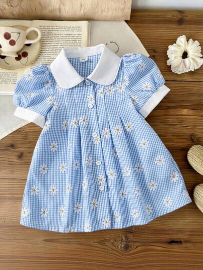 SHEIN Vintaside Kids Vestido casual de niña bebé a cuadros y con estampado floral, estilo campestre, cómodo y de moda, versátil para primavera y verano