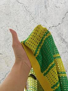 EVRINFINITE Top de punto calada con estampado de letras y rayas de color contrastante para hombres - Verde - Ver 7
