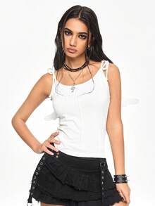 ROMWE Kawaii Cute Innocent Angel Wing Decor Tight-Fit Cotton Women Tank Top - White - View 4