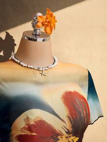 SHEIN ICON 大码女式夏季沙滩度假印花短袖修身薄纱上衣 - 彩色 - 查看 9