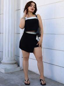 Lupita Cardoza 女士时尚通勤撞色装饰吊带背心和迷你裙两件套，夏季 - 黑色 - 查看 5