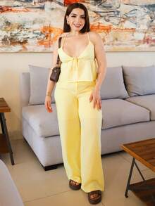 Lupita Cardoza 女士亚麻奶油黄色背心和裤子套装，夏季 - 黃色 - 查看 5