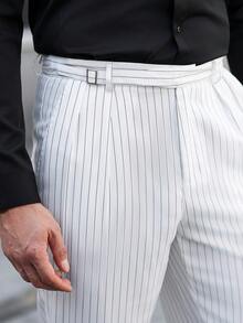 Manfinity Bizformal 男士锥形裤，腰部搭扣设计，条纹垂褶面料，商务休闲裤，修身复古时尚长裤，适合父亲、丈夫、男友，春季穿着 - 白色 - 查看 6