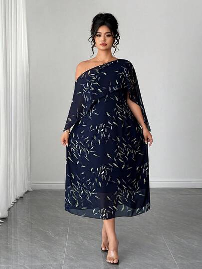 Elenzga New Arrival Printed Chiffon Casual Comfortable Plus Size Dress, Suitable For Spring, Summer And Autumn