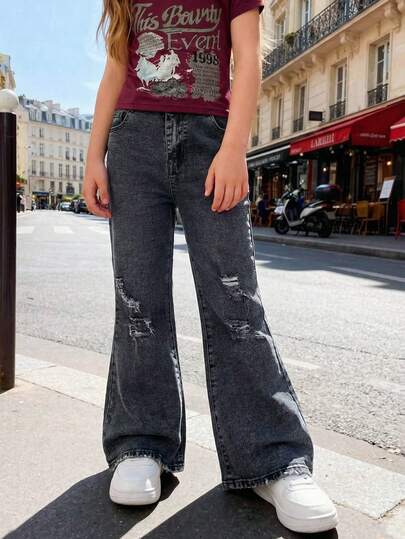 SHEIN ChillGRL Girls' Distressed Flare Jeans, Vintage Y2K Streetwear Style, Dark Grey Denim Color, Frayed Hem, Ripped Holes Design, Elastic Waistband, Stretchy Cotton Denim Fabric, Flare Leg, Versatile For Daily Wear, Pair With Retro Printed T-Shirts, Suitable For Casual Outings, School, Hangouts
