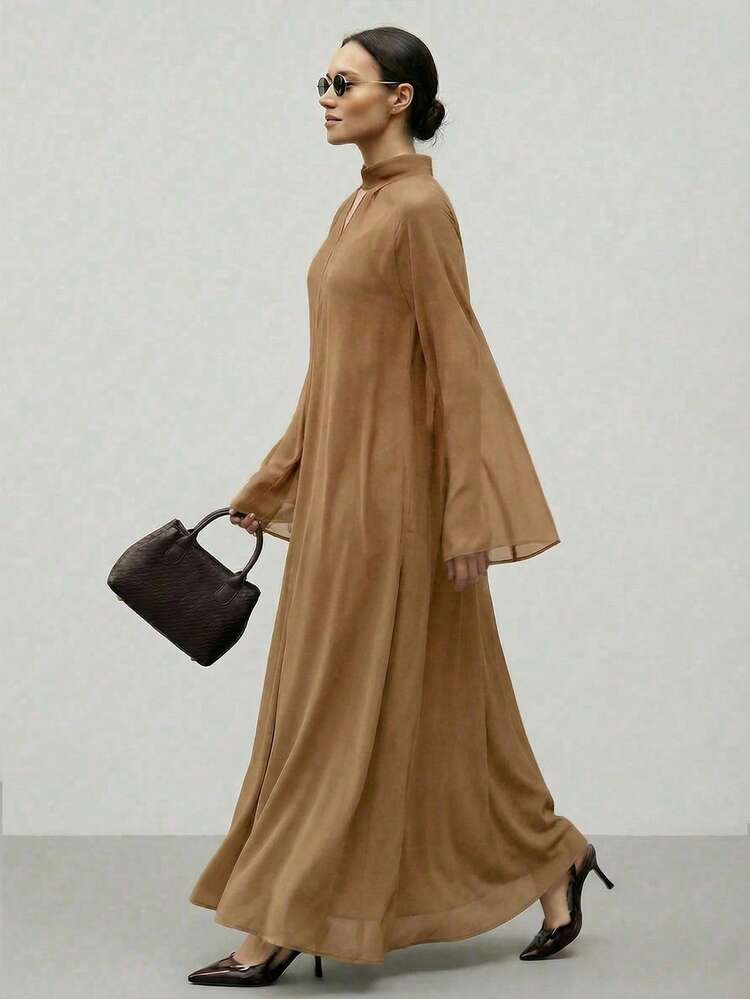 2026 Spring/Summer Urban Chic Style, Minimalist Comfort, Chiffon, Loose Fit, Flare Sleeve, Long Sleeve, Women's Long Dress, All-Season Apparel, Back To School, Business Casual, Commuter Wear, Women's Holiday, Beach, Vacation, Office Outfit