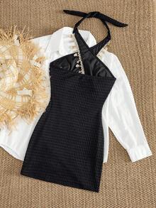 Swim SXY Áo khoác mùa hè gợi cảm khoét lưng trước sau cổ yếm hở lưng cho nữ - màu đen - Xem 5