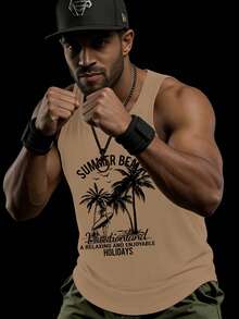 GymBeat Áo tank top thể thao mùa hè cổ tròn in chữ và cây cỏ - Màu Khaki - Xem 3