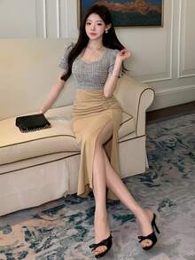 DAZY 女士优雅撞色花瓣袖开衩中长连衣裙，夏季女士连衣裙 - 卡其色 - 查看 5