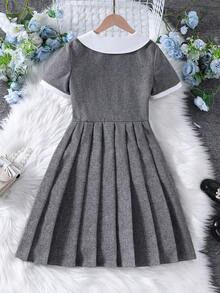 SHEIN 少女撞色褶皱休闲日常度假连衣裙 - 灰色 - 查看 4
