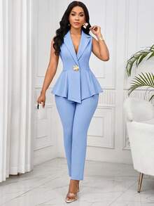 SHEIN Lady 无袖西装套装，优雅浪漫女士修身商务套装，秋冬季女士职业装 - 藍色 - 查看 7