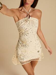 SHEIN BAE 杏色亮片性感V领不对称下摆假日派对连衣裙，无袖亮片烟花星星迷你连衣裙，金色亮片连衣裙，适合夏季海滩度假，亮片连衣裙，露背吊带超短迷你连衣裙，适合晚宴、鸡尾酒会、婚礼宾客、假日度假、闺蜜之夜、夜店、晚餐约会等场合，海滩度假 - 杏色 - 查看 3