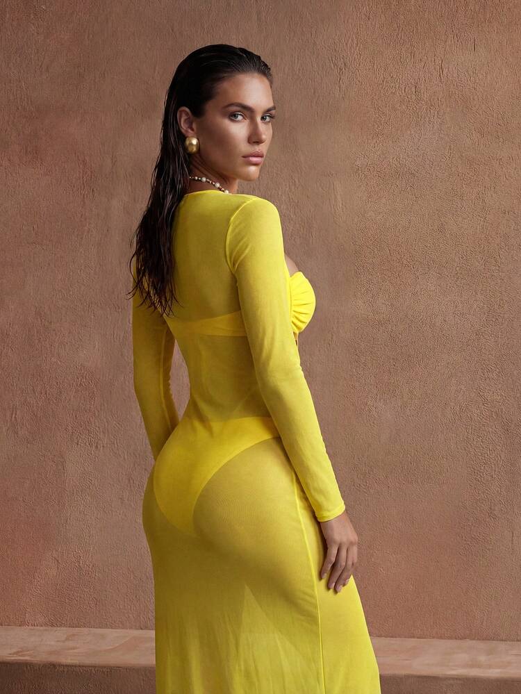 Women's Fashion Summer Vacation Twist Front Bandeau Bikini Set With Cover Up Dress