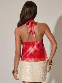 SHEIN BAE Atasan Tanpa Lengan dengan Motif Bunga Fuchsia, Leher Halter, Punggung Terbuka, dan Hem Asimetris, Bahan Chiffon Berkerut, Cocok untuk Festival Musik Y2K, Merah Oranye, Musim Panas, Boho, Liburan, Hari Raya - Hot Pink - View 2