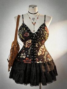 Sunspun Plus Size Dark Style Printed Eyelet Tape Decor Camisole - Multicolor - View 1