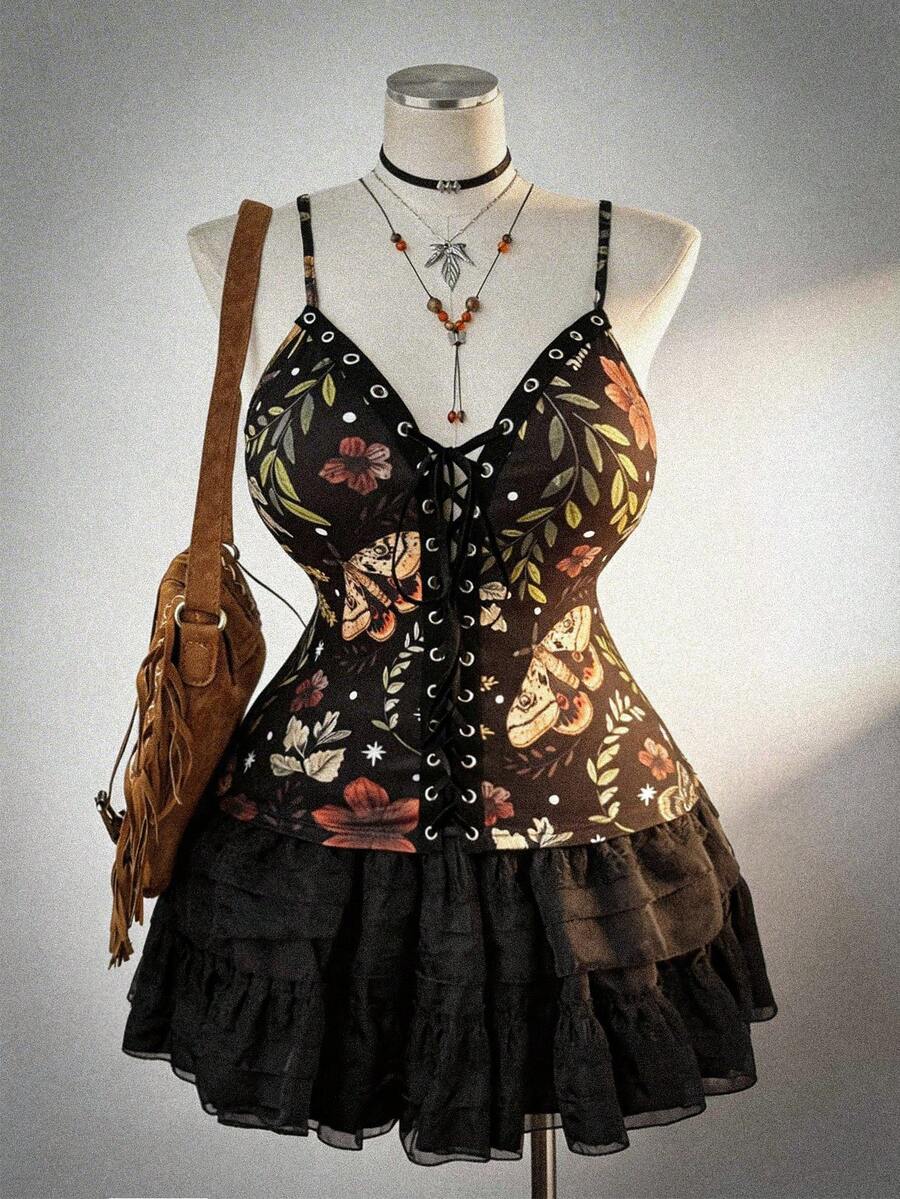 Sunspun Plus Size Dark Style Printed Eyelet Tape Decor Camisole - Multicolor - View 1