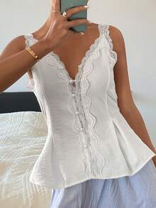 DAZY Áo hai dây nữ thanh lịch mùa hè, thắt eo bằng ren tương phản, dáng xòe, thích hợp cho kỳ nghỉ. - trắng - Xem 3