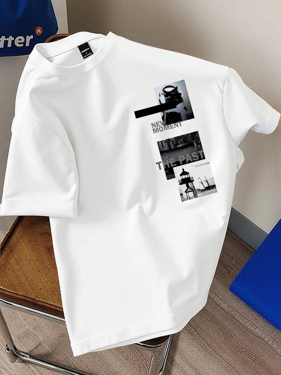 Claim Dot Camiseta de cuello redondo con diseño de collage en blanco y negro "NEW MOMENT" "THE PAST", top de cuello de tripulación minimalista retro clásico, unisex - Blanco - Ver 1