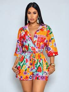 SOLERSUN 女士活力热带印花蝙蝠袖短袖系带连体裤，完美适用于海滩度假、夏季派对、休闲外出、早午餐约会和夏季海滩郊游。 - 橘色 - 查看 6