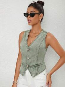 SHEIN Essnce Áo khoác denim nữ không tay, chất liệu denim mài, kiểu dáng thường ngày, có cúc phía trước, thích hợp cho mùa hè. - màu xanh lá - Xem 3
