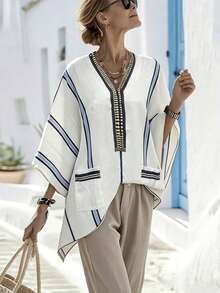 Louniche V-Neck Blue & White Striped Pocket Casual Blouse For Women - Multicolor - View 1