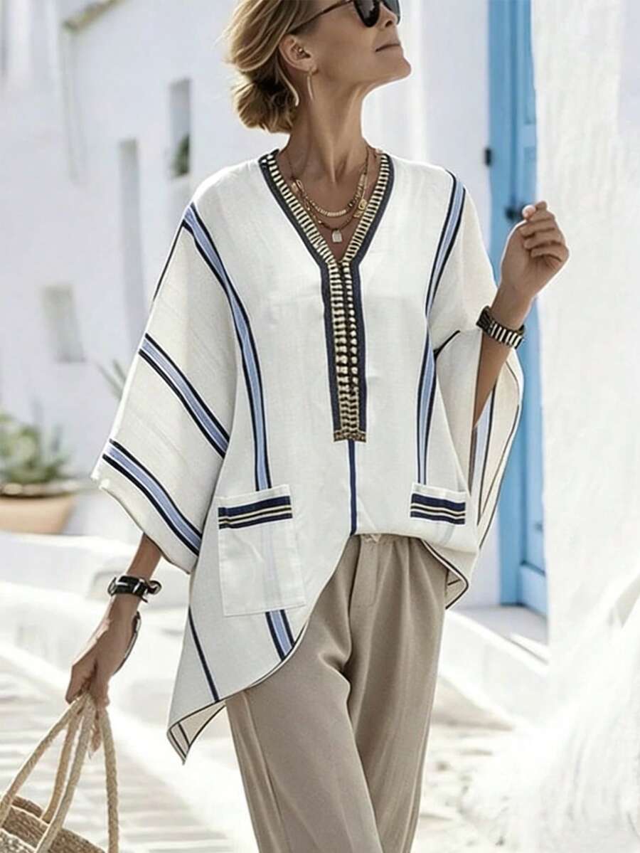 Louniche V-Neck Blue & White Striped Pocket Casual Blouse For Women - Multicolor - View 1