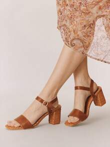 Styleloop 女士粗跟棕色踝带编织凉鞋，户外简约透气舒适波西米亚西部风音乐节假日必备女式凉鞋，打造波西米亚牛仔女郎造型 - 深棕色 - 查看 9