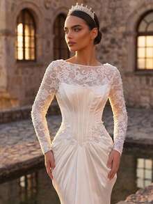 Glamrae 优雅白色蕾丝串珠拼接缎面薄纱高领长袖抹胸鱼骨饰边不对称美人鱼长裙，超长拖尾，适合婚礼、派对、度假等场合。 - 白色 - 查看 4