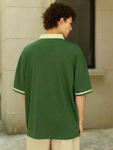 Manfinity Campus Court 宽松男士字母图案撞色领 Polo 衫 - 綠色 - 查看 2
