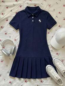 SHEIN Đầm casual màu xanh hải quân cho nữ sinh, cổ polo, thêu họa tiết, xếp ly, kiểu đồng phục học sinh. - Màu xanh lam - Xem 1