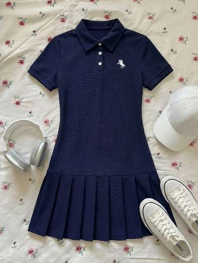SHEIN Teen Girls Navy Blue Polo Collar Embroidered Pleated Hem Casual Dress, School Uniform Style
