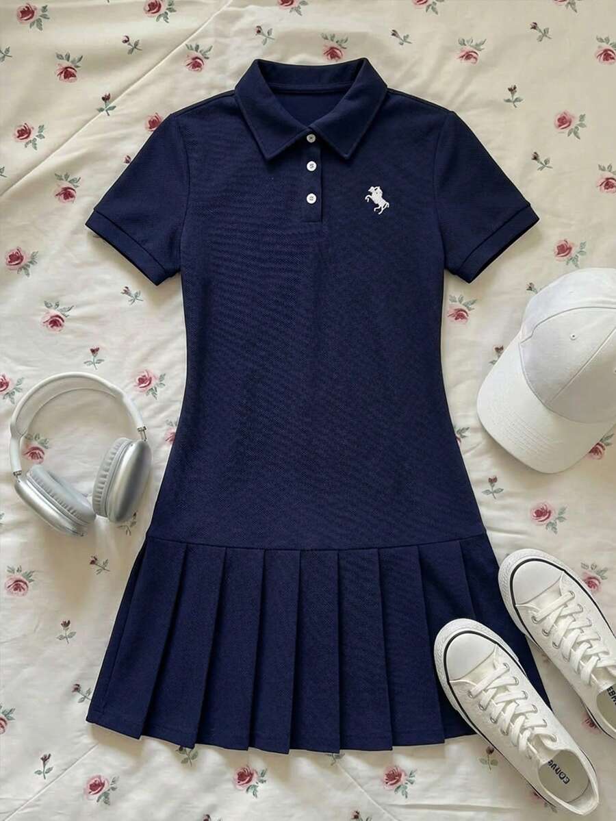 SHEIN Đầm casual màu xanh hải quân cho nữ sinh, cổ polo, thêu họa tiết, xếp ly, kiểu đồng phục học sinh. - Màu xanh lam - Xem 1