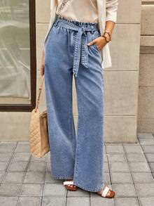 Selenza Quần jeans nữ thanh lịch với họa tiết nụ hoa ở eo, thích hợp cho mùa hè. - Rửa trung bình - Xem 7