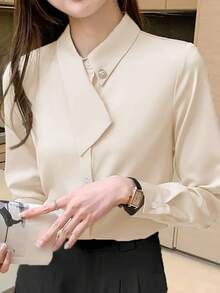 EMERY ROSE 不对称领百搭优雅通勤女士 T 恤 - 杏色 - 查看 4