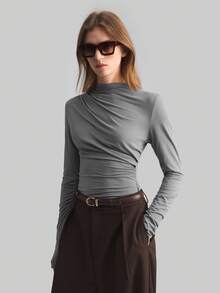 SHEIN X Scot Louie Ontre Áo thun nữ tay dài cổ đứng xếp ly dáng cơ bản, thiết kế mới mùa Xuân/Hè 2026, thanh lịch, phù hợp cho công sở và đi làm. - Màu xám đen - Xem 7