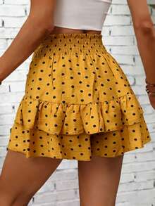 SHEIN Holidaya 腰带仿亚麻印花双层荷叶边短裙 - 黃色 - 查看 2