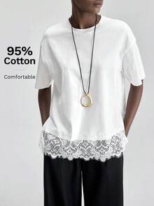 Ontre 2026春夏新款女式T恤，针织面料，蕾丝拼接，度假风，假日休闲，白色直筒短袖圆领上衣，简约优雅都市时尚百搭，适合通勤、教师户外夏季度假、休闲海滩、婚礼宾客长款上衣、派对聚会、浪漫约会等场合，舒适宽松面料，时尚流行女式T恤 - 白色 - 查看 1