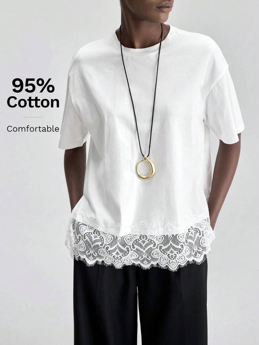 Ontre 2026春夏新款女式T恤，针织面料，蕾丝拼接，度假风，假日休闲，白色直筒短袖圆领上衣，简约优雅都市时尚百搭，适合通勤、教师户外夏季度假、休闲海滩、婚礼宾客长款上衣、派对聚会、浪漫约会等场合，舒适宽松面料，时尚流行女式T恤 - 白色 - 查看 1