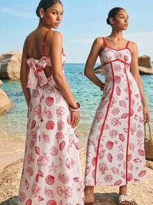 Poéselle 女士贝壳印花蝴蝶结吊带吊带连衣裙 - 紅色 - 查看 2