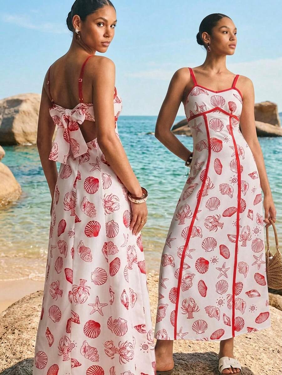 Poéselle 女士贝壳印花蝴蝶结吊带吊带连衣裙