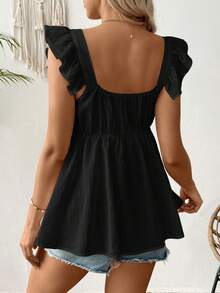 SHEIN 孕妇休闲纯色荷叶边无袖上衣 - 黑色 - 查看 2