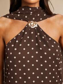 Silquee 女士吊带金属扣波点上衣，春夏情人节嘉年华派对婚礼宾客优雅度假休闲外出上衣 - 棕色 - 查看 7