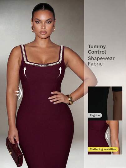 Nuvra Square Neck Pearl Decor Bandage Bodycon Dress, Sexy Party Gown For Women, Spring/Autumn 2026 New Women's Swimwear ArrivalFor School,Suitable For Holiday, Date, Afternoon Tea, Western, Cruise, Beach, Island, Road Trip, All Seasons, Music Festival, Boho Vacation,Bohemian Vacation, Chill Autumn ,Western Boho ,Elegant Tops For Women Work Dresses For Women Women's Dresses Tummy Control Dress Shapewear Dress Curve Dresses