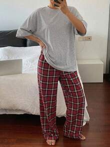 DAZY Casual Loose Fitting Top & Plaid Pants Home Outfit Set Pajama - Light Grey - View 2