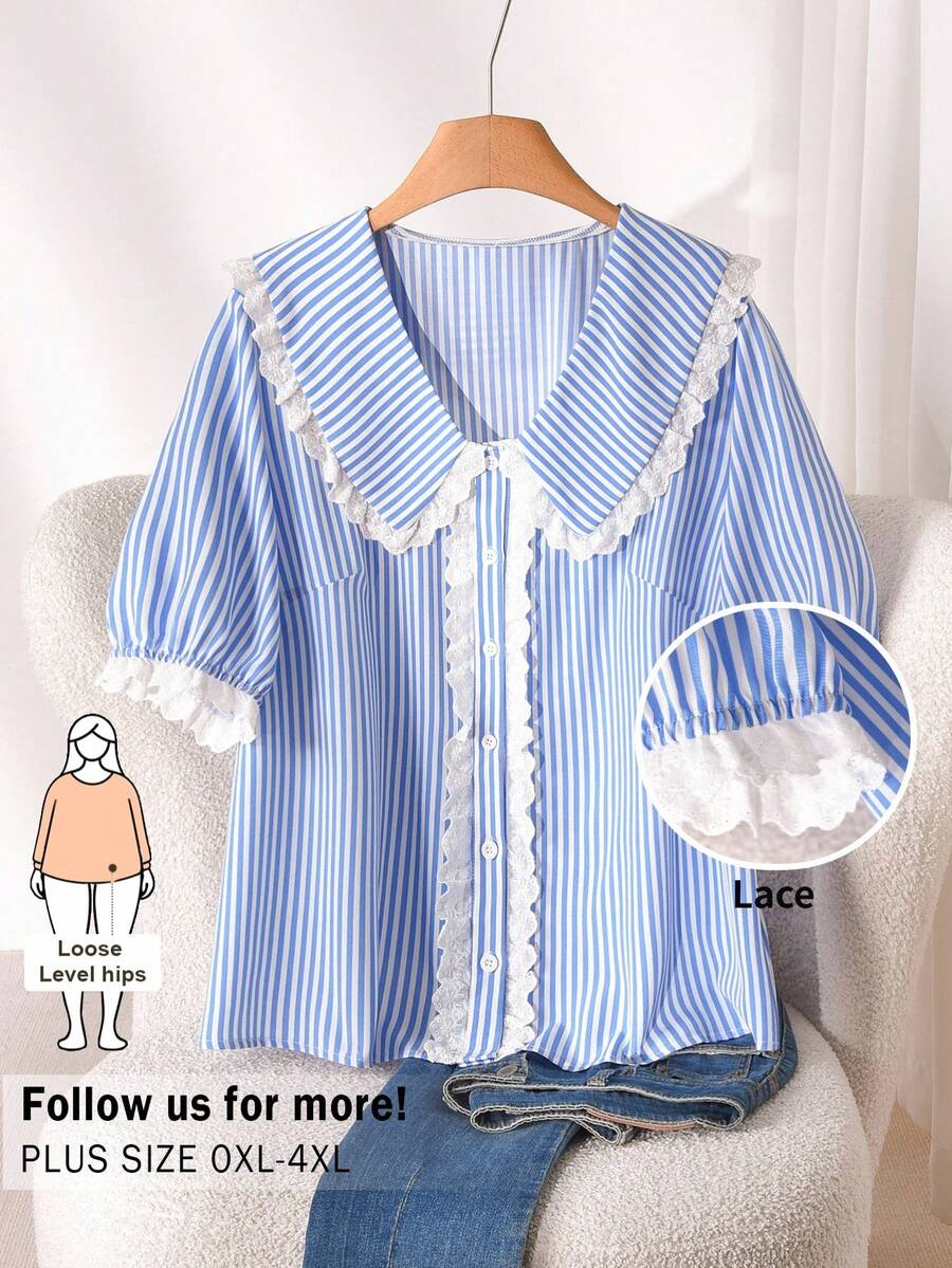 CosyJoli Plus Size Women's Button-Up Shirt,Striped Casual Blouse,Lace Trim Ruffle Collar Blue And White Summer Elegant Tea Party Top With Puffy Sleeve - Blue - View 1